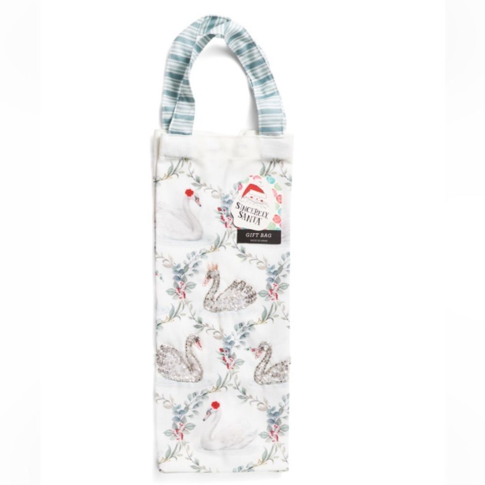 Sincerely Santa White Green Red Christmas Swans Canvas Wine Gift Bag